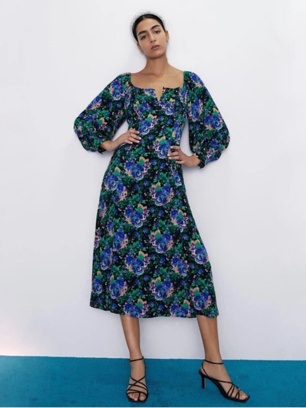 Zara Floral Midi Dress XS Blue Green Black Puff Sleeve Romantic Off the Shoulder